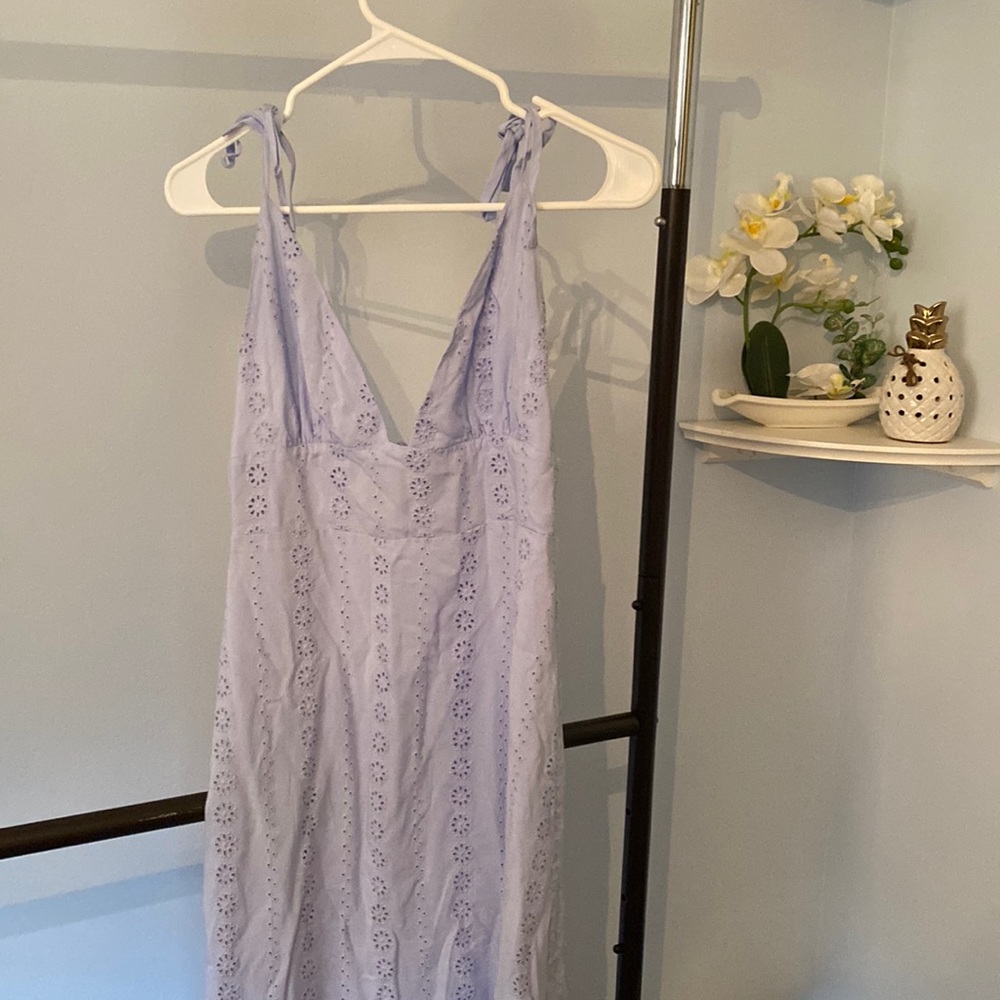 Baby blue side slit midi dress with floral lace detail